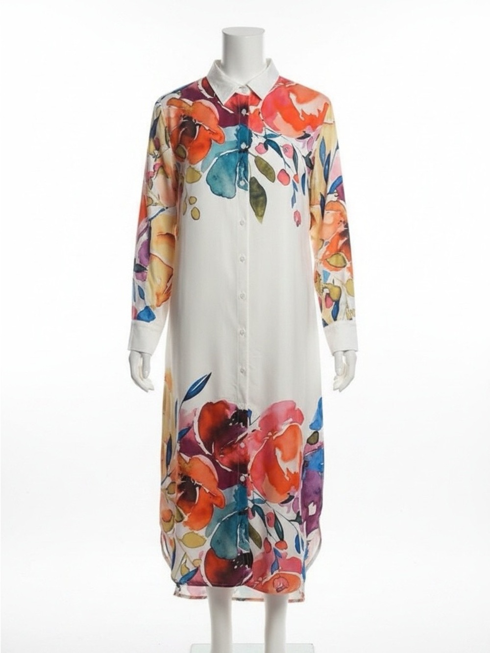 Multi Floral Long Shirt Dress With White Background